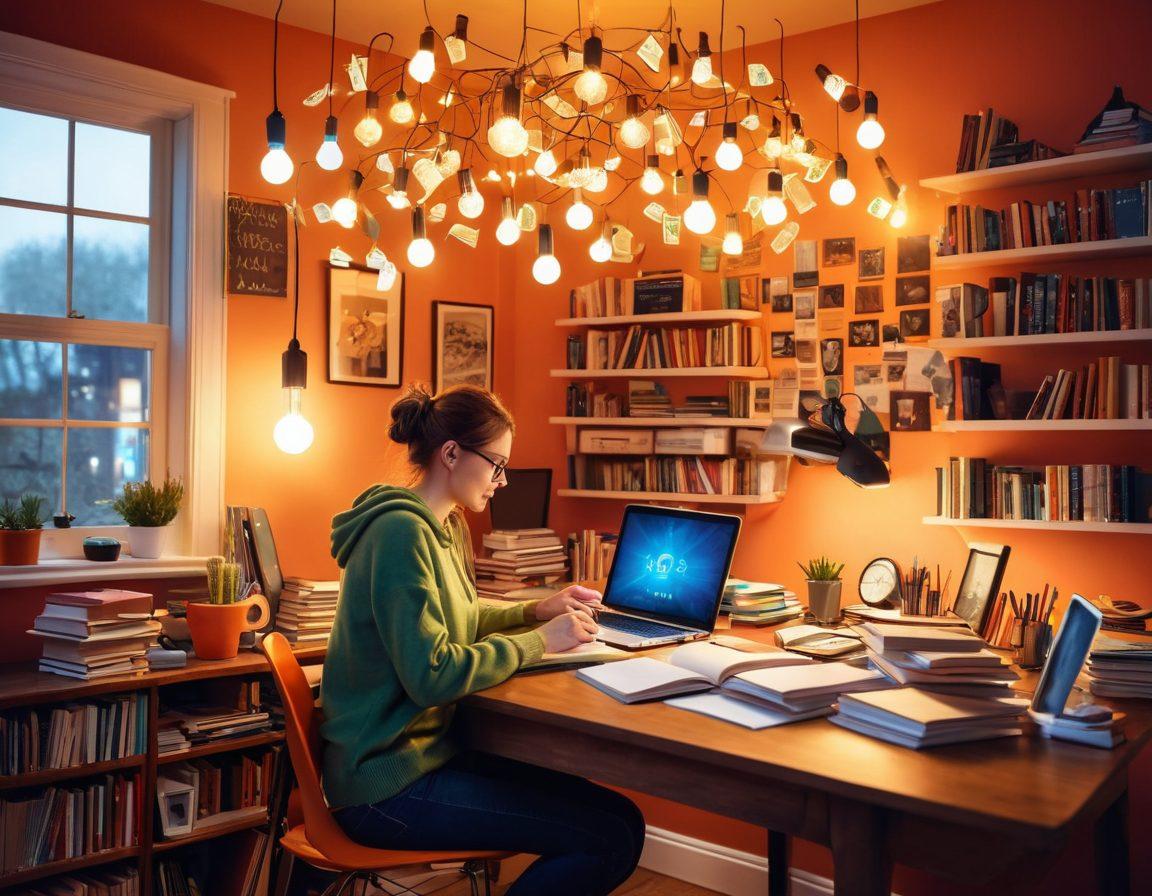 A person sitting at a cozy desk cluttered with notes and a laptop, surrounded by vibrant books and a glowing light bulb overhead, symbolizing creativity and inspiration. The background features a virtual world with floating social media icons and digital graphs, representing the online blogging landscape. Warm, inviting colors to evoke a sense of possibility and excitement. super-realistic. vibrant colors. soft focus.