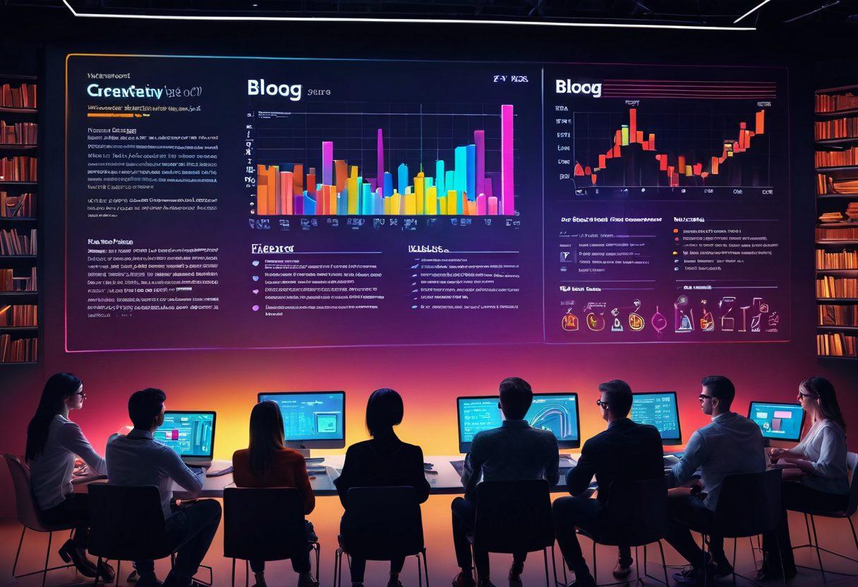An inspiring scene of a diverse group of people gathered around a large digital screen displaying a blog, with vibrant graphs showing audience growth, surrounded by books and laptops, symbolizing creativity and collaboration. The atmosphere is energetic, with warm lighting and inspiring quotes floating around in the air. super-realistic. vibrant colors. 3D.